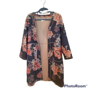 #28 Womens Tahari Floral Faux Leather Coat Open Style Blazer Jacket Topper M/L